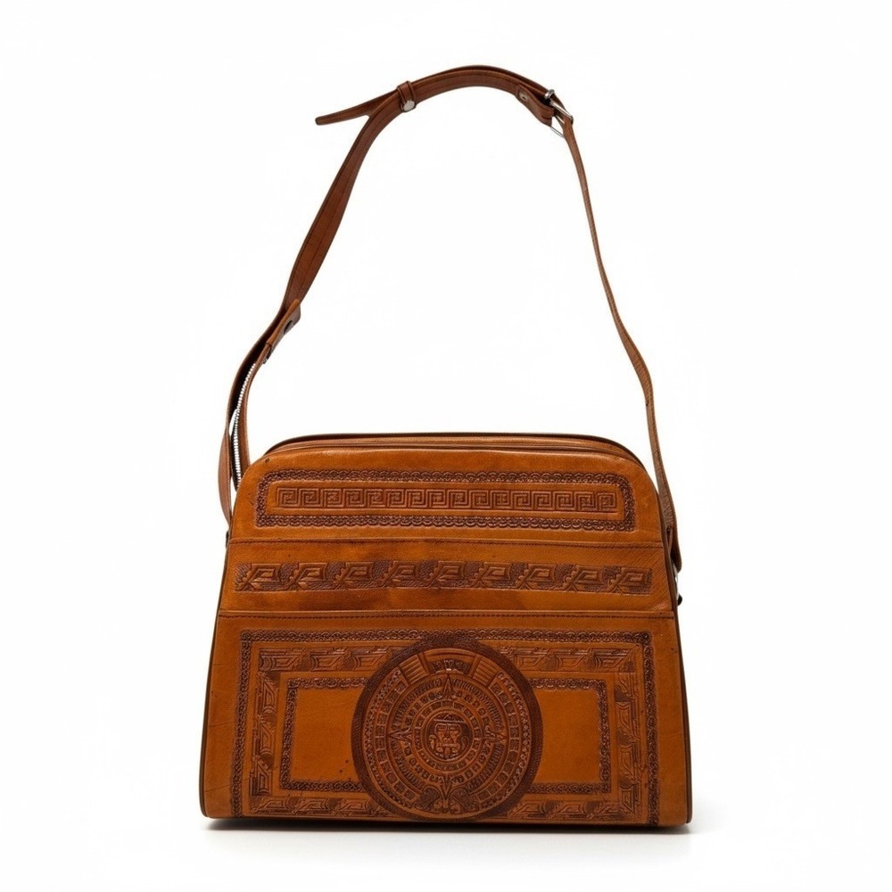 Vintage Mexican Hand Tooled Leather Shoulder Bag Aztec Mayan Warrior Sun Purse - Picture 2 of 13